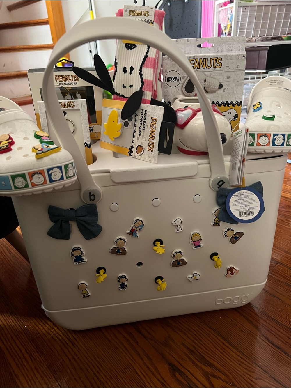 BOGG BAG White Tote with Black Bows and Peanuts Charms - Picture 3 of 5